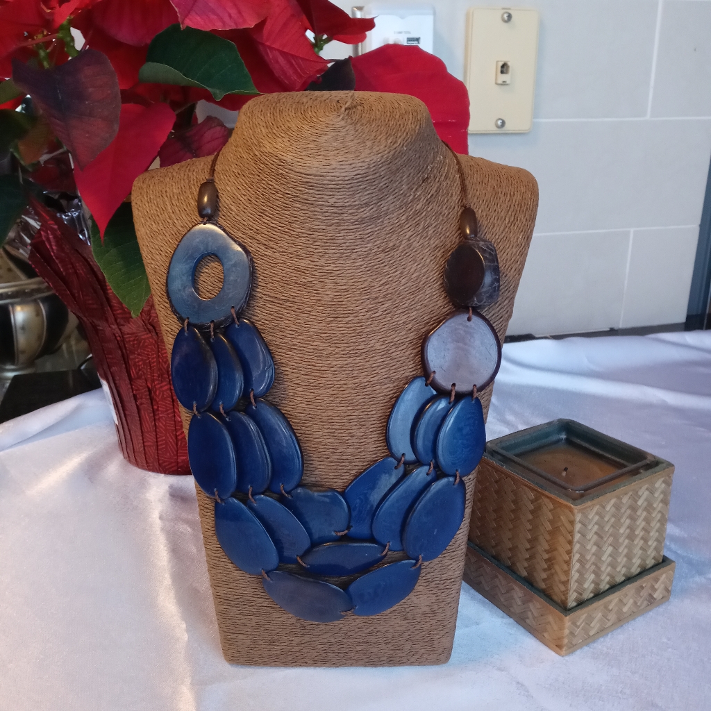 Tagua Nut Necklace, Blue, 3 Strands, Artisanal